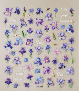 Detailed view of 5D embossed iris flower nail stickers with gold foil and purple butterflies