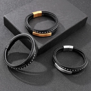 Men Multi-layer Braided Leather And Stainless Steel Bracelet Magnetic Clasp Brushed Plate Punk Industrial Jewelry