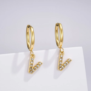 Detail of gold-plated hoop earrings featuring a V-shaped pendant with inlaid zircons