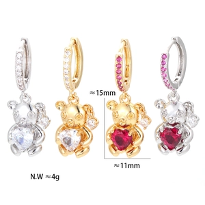 Cute bear drop earrings with micro-pave zircons in four color variants with dimensions