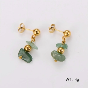 Handmade gold stud earrings featuring green natural stone beads on a white background