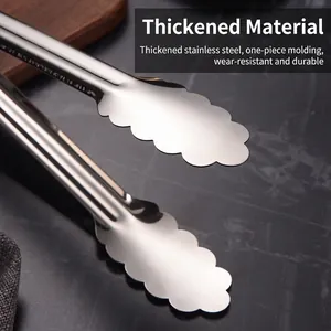 Thickened stainless steel food tongs with wave-edged head and one-piece molding design