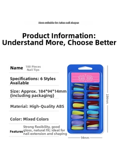 Detail specifications of 100pcs ABS ballet nail tips showing dimensions and high gloss features