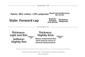 Detail specifications for autumn winter fleece lined newsboy hat showing size and material