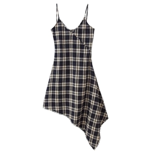 Plaid Camisole Maxi Dress For Women Irregular Asymmetric Fringe Hem V-Neck High Waist Slim Sleeveless Summer Elegant