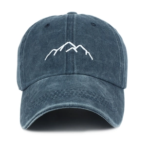 Vintage washed navy blue cotton baseball cap with mountain embroidery and sun protection