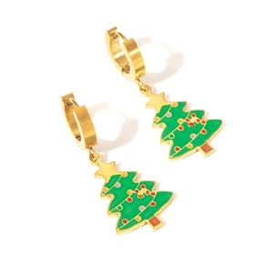 Macro shot of gold plated Christmas tree earrings with colorful oil drip accents