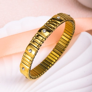 Gold stainless steel stretch rhinestone bangle, elegant crystal metal expanding wrist jewelry.