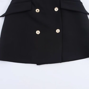 Fashionable black halter mini blazer dress featuring elegant gold double-breasted buttons