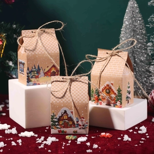 Christmas House Shape Kraft Paper Gift Boxes Hemp Rope Closure Folding Candy Packaging Holiday Party Favor