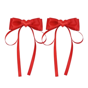 Sweet red ribbon bow hair clips with heart center for girls, set of two hair accessories