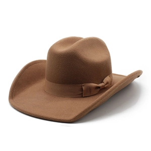 Classic camel felt cowboy hat with wide brim and elegant satin ribbon bow decoration