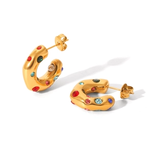 Golden C-shaped stainless steel earrings with multicolored cubic zirconia crystals