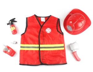 Detailed 6-piece kids firefighter costume set with red vest, helmet and toy accessories