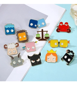 Detailed collection of twelve cartoon zodiac enamel pins with creative animal designs