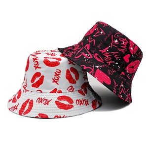 Bucket Hat Polyester Lip Print Sun Protection Reversible Graffiti XOXO Streetwear Outdoor Fisherman Hat For Women Men