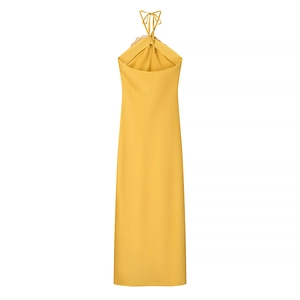 Elegant yellow halter neck midi dress with open back and rhinestones for women