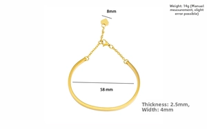 Detailed view of 18K gold plated stainless steel heart charm bangle with size dimensions