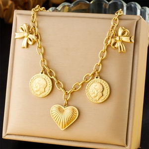 Vintage Stainless Steel Necklace Gold Plated With Heart Bow And Portrait Coin Pendants Fashion Jewelry For Women