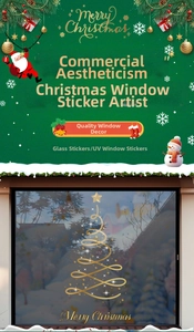 Detail of UV-printed gold Christmas tree window sticker with festive holiday greetings
