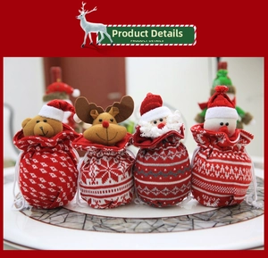 Detail of Christmas knitted drawstring bags featuring 3D Santa, Reindeer, and Bear mascots