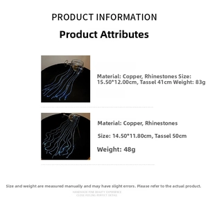 Detailed size specifications for rhinestone tassel headband with copper material and dimensions