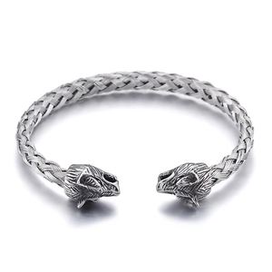 Men Wolf Head Braided Open Cuff Bracelet Stainless Steel Viking Nordic Retro Bangle Jewelry