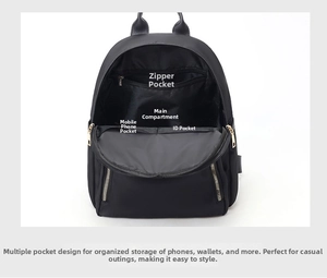 Interior layout of black nylon backpack showing functional compartments and gold zippers