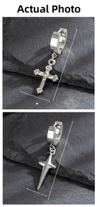 Detailed comparison of stainless steel cross and four-pointed star hoop earrings