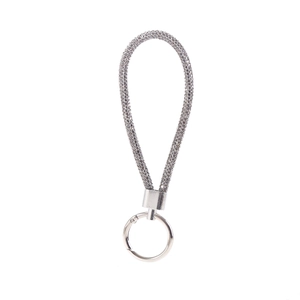 Detail of grey rhinestone braided keychain with silver metallic ring and spring clasp