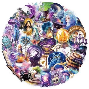 Detail showing various waterproof magic themed stickers including crystal balls and black cats