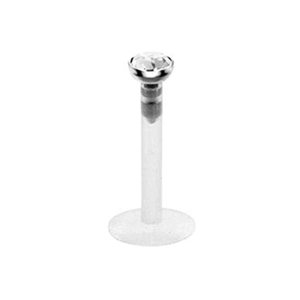 Detail of labret stud with clear acrylic flexible bar and a shiny silver zircon top