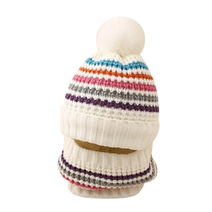 Winter rainbow striped knit hat and neck warmer set for kids with large white pom pom