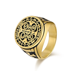 Gold and black Saint Benedict cross ring in stainless steel with religious engravings