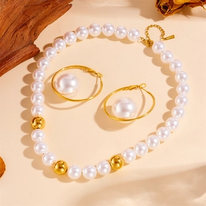 Fashion pearl jewelry set featuring necklace and gold hoop earrings on beige background