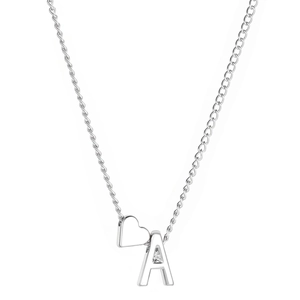 Collier en argent avec pendentif cœur et lettre A orné d'un petit diamant brillant