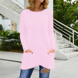 Pink long sleeve top with loose fit and functional dual side pockets on casual wear