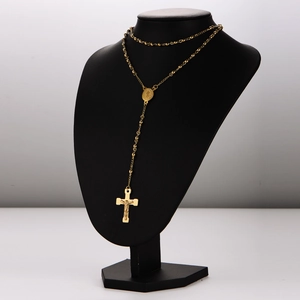 Collier chapelet de style vintage français avec perles dorées et pendentif croix