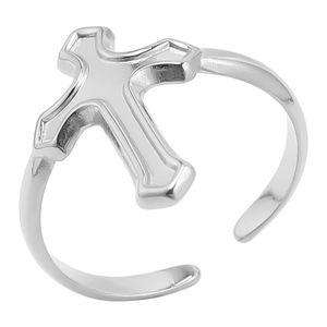 Detailed close-up of a silver adjustable cross ring in polished stainless steel