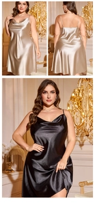 Detail view of cowl neck satin nightgowns in champagne and black colors with slim fit design