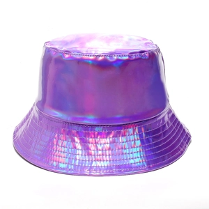 Detail of purple holographic bucket hat showing reflective metallic material and stitching