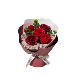 Exquisite gift box with 5 red soap flower roses in elegant brown and white paper wrap