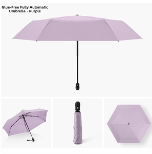 Detailed views of purple automatic umbrella showing open and folded compact designs