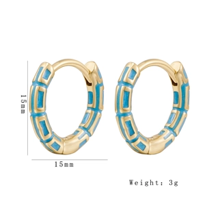 Minimalist 15mm copper hoop earrings with golden finish and blue enamel rectangle