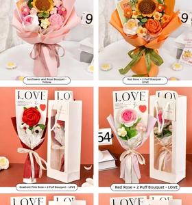 Collage of handmade crochet sunflower and red rose bouquets in elegant gift packaging