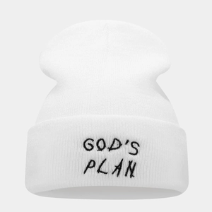 Bonnet en maille blanche avec broderie noire GOD'S PLAN sur le revers pour hommes et femmes