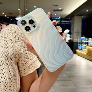 Detail of aurora wave phone case showing holographic matte finish and camera cutouts