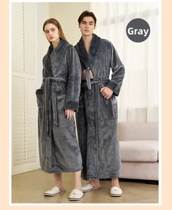 Detailed view of unisex grey thick flannel robes featuring soft texture and waist ties