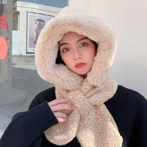 Plush beige hooded scarf with faux fur lining and soft polka dot jacquard pattern