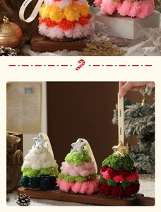 Detailed view of handmade plush Christmas tree hangers with silver beads and wooden base